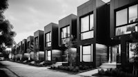 a black and white photo of a row of modern townhouses